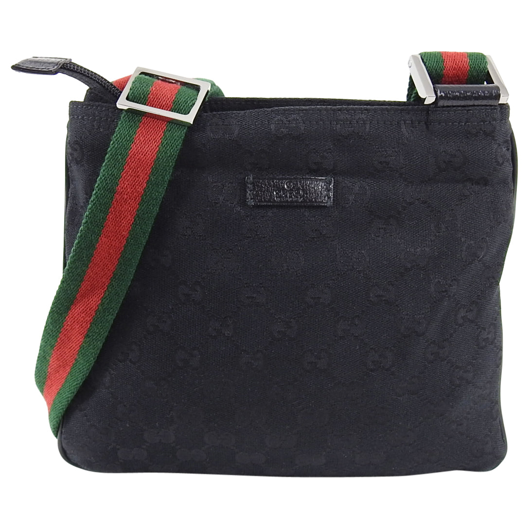 Gucci Vintage Black Monogram Canvas Shoulder Bag with Stripes