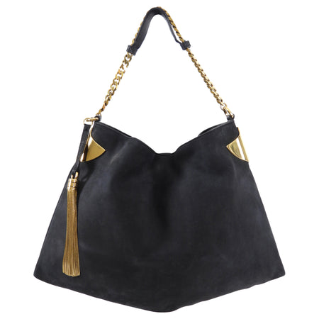 Gucci Black Nubuck Leather 1970 Medium Gold Chain Hobo Bag