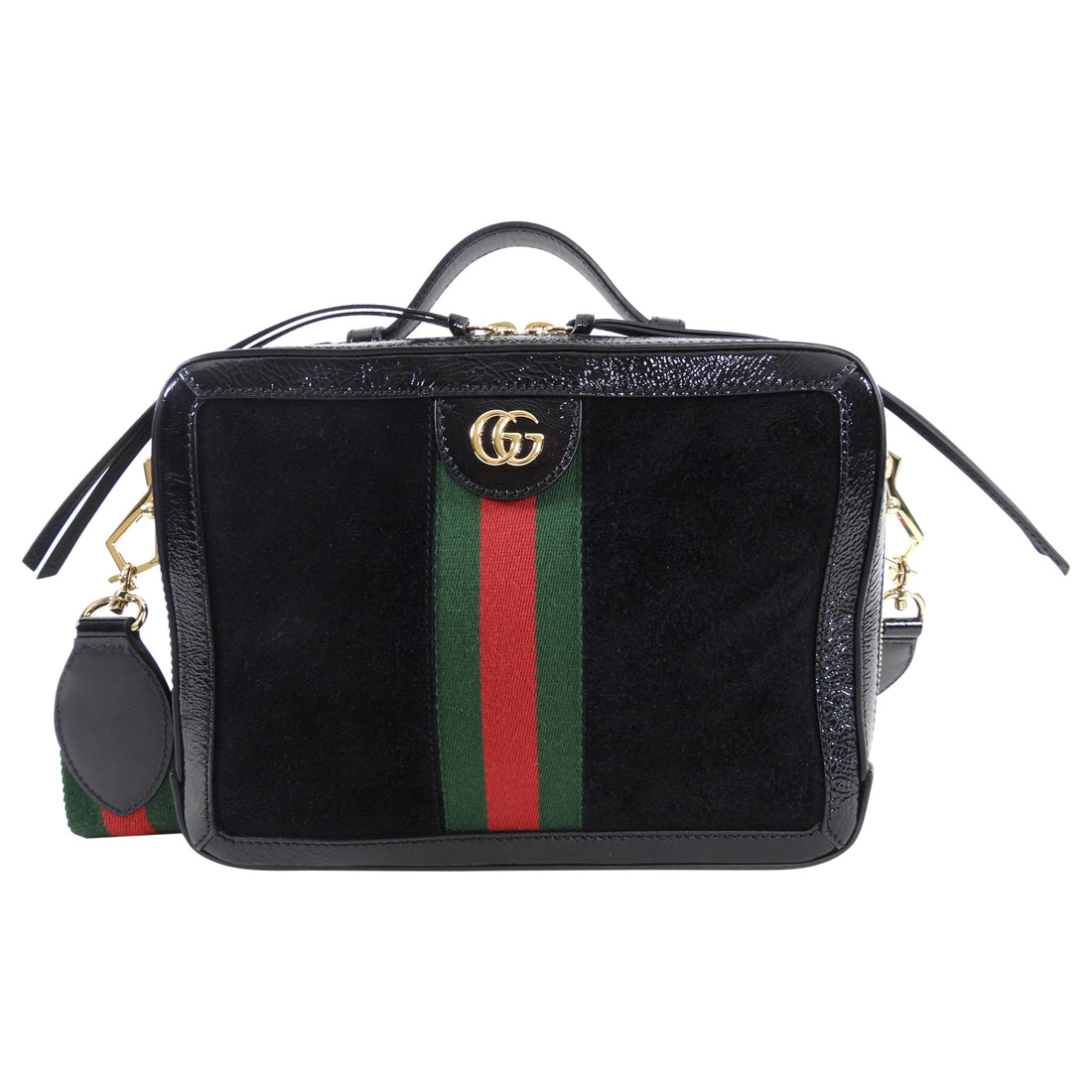 Gucci Black Patent and Suede Web Stripe Ophidia Crossbody Bag
