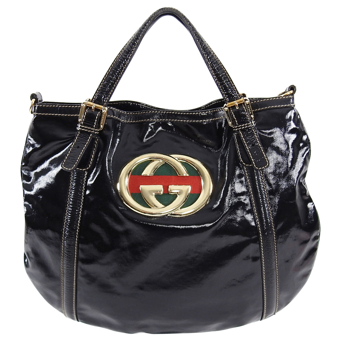Gucci Coated Canvas and Patent Leather GG Logo Dialux Britt Hobo Bag