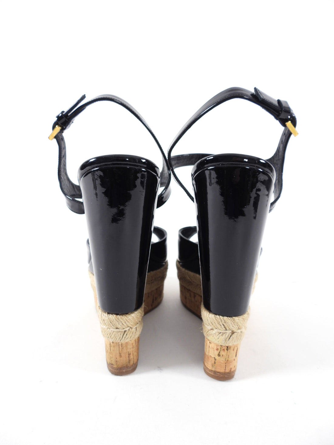 Gucci Black Patent Espadrille Wedge Sandals - USA 6.5