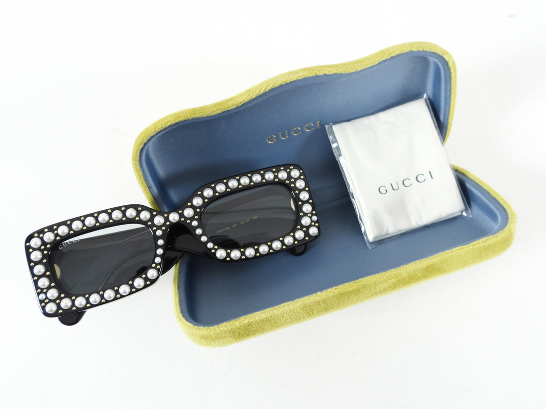 Gucci Black Rectangular Sunglasses with Pearl Stud Detail GG0146S