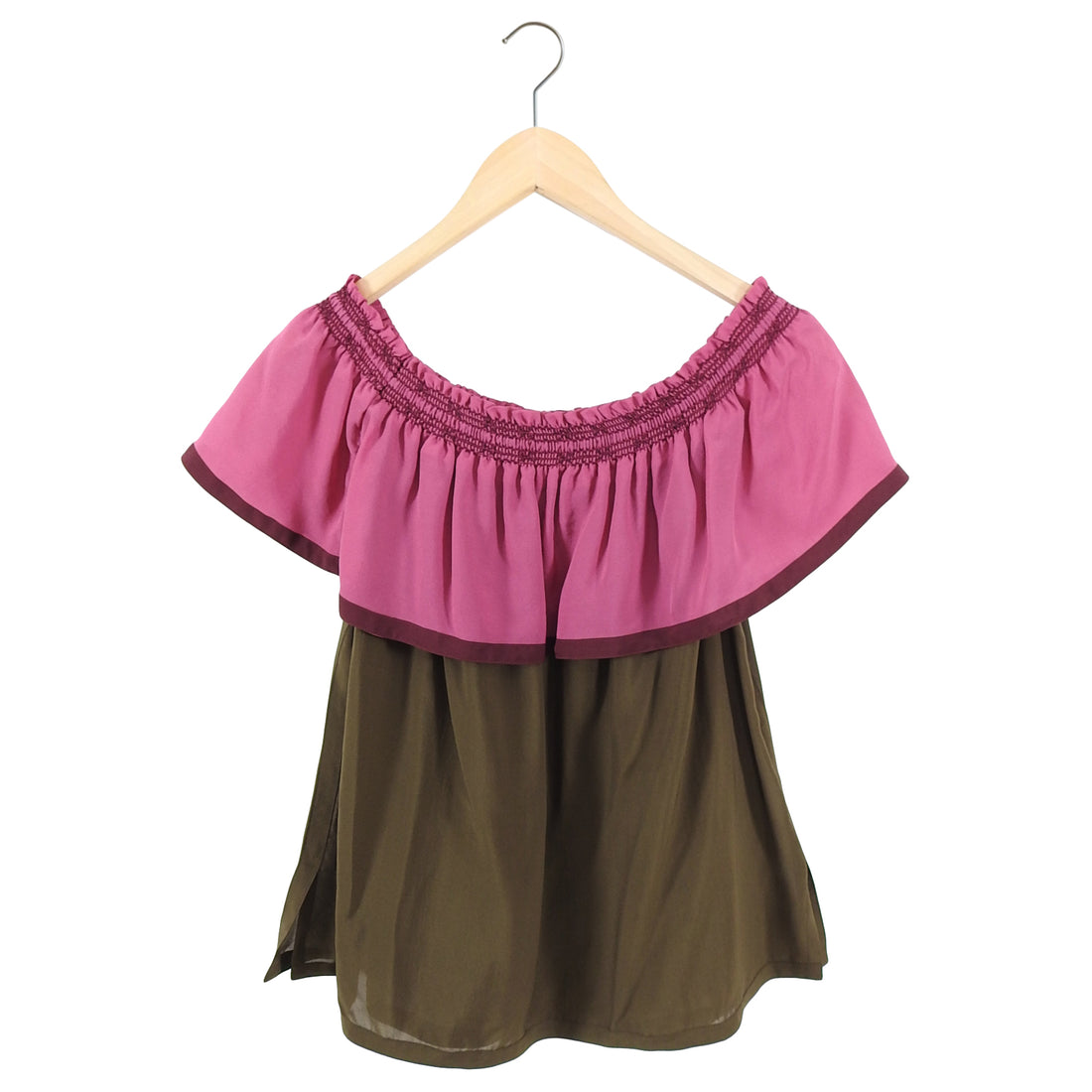 Gucci Pink and Brown Silk Off Shoulder Ruffle Top - IT42 / 6