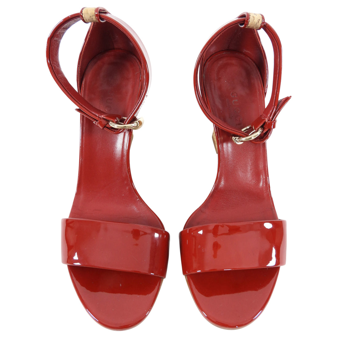 Gucci Red Patent Leather and Cork Wedge Sandals - 5.5