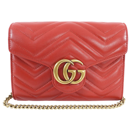 Gucci Red Marmont Matelasse GG Logo Wallet On Chain Crossbody Bag