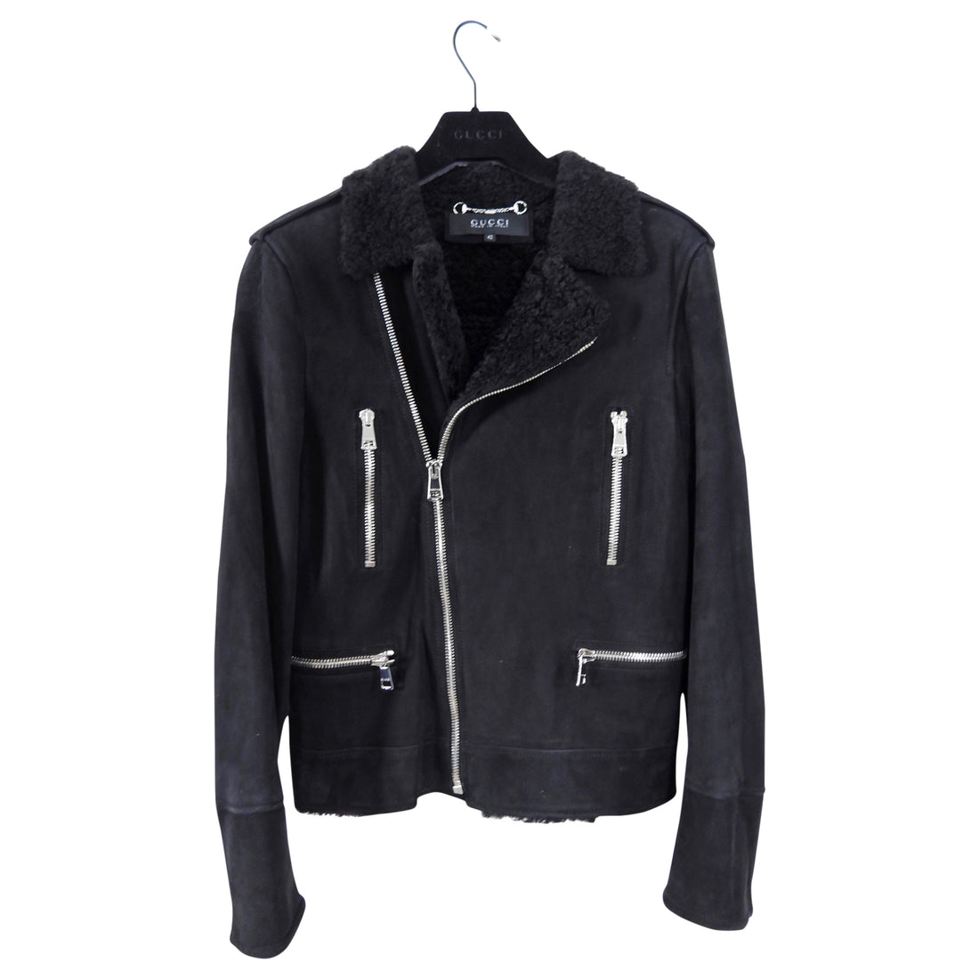 Gucci Black Suede Shearling Zip Biker Jacket - IT42 / USA S