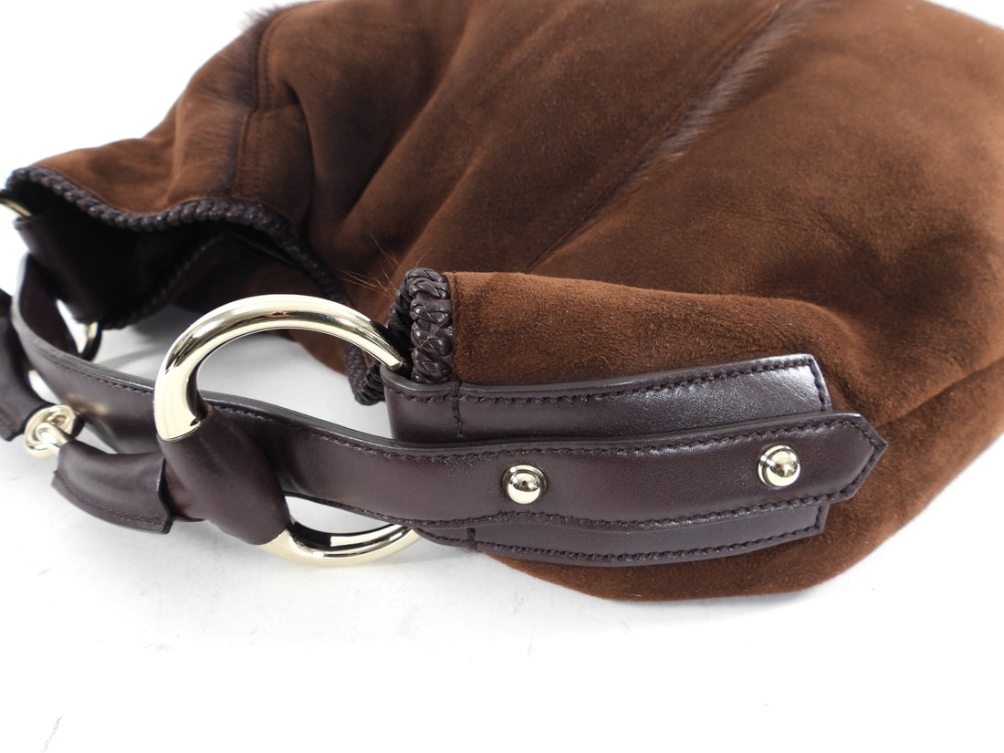 Gucci Brown Shearling Suede Large Horsebit Hobo Bag