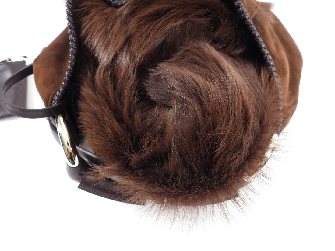 Gucci Brown Shearling Suede Large Horsebit Hobo Bag