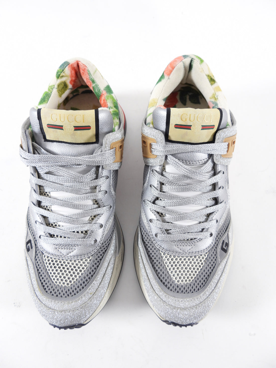 Gucci Silver Floral Ultrapace Sneakers - USA 8
