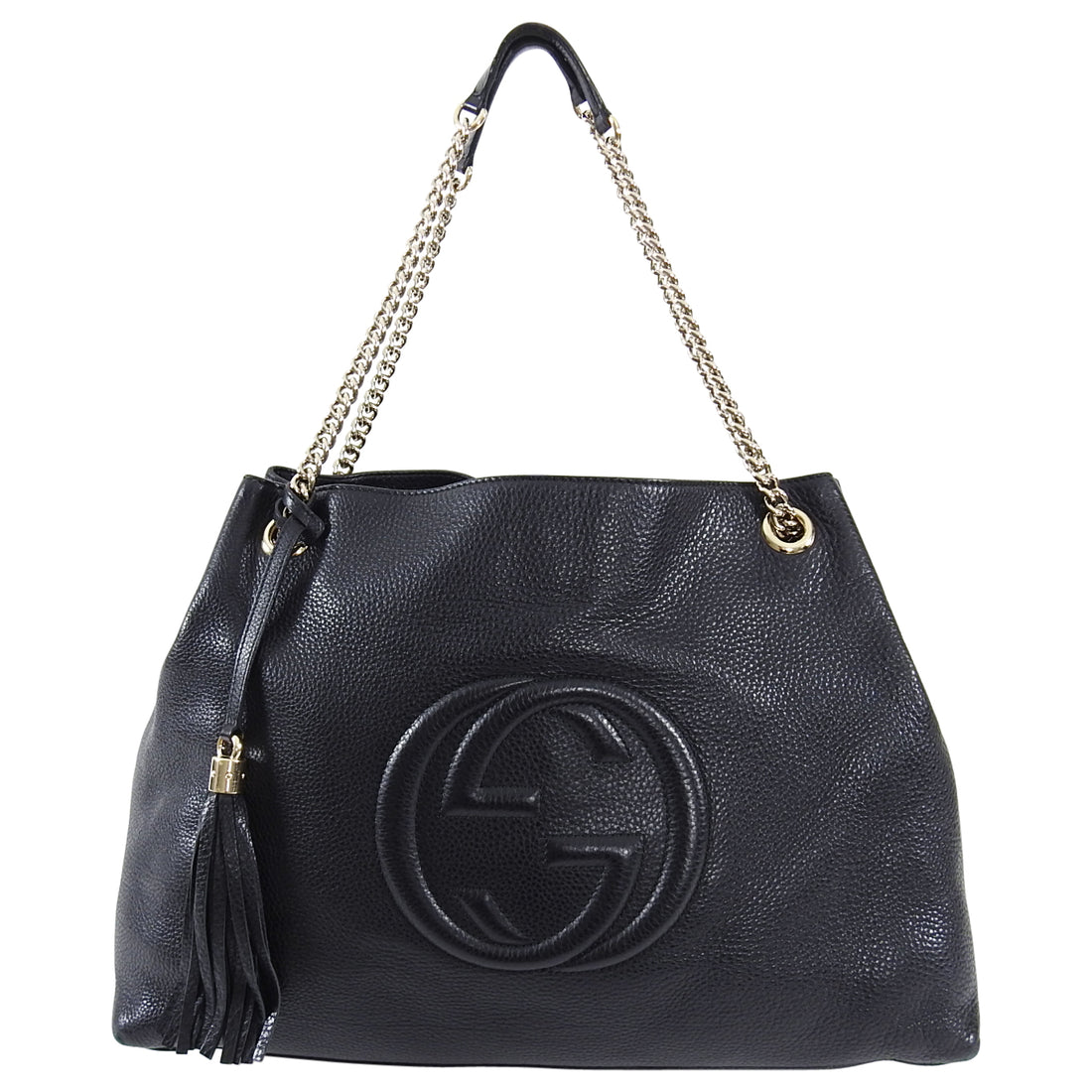 Gucci Black Leather Large GG Logo Soho Chain Tote Bag