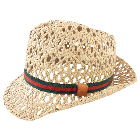Gucci Straw Web Trim Fedora Hat 
