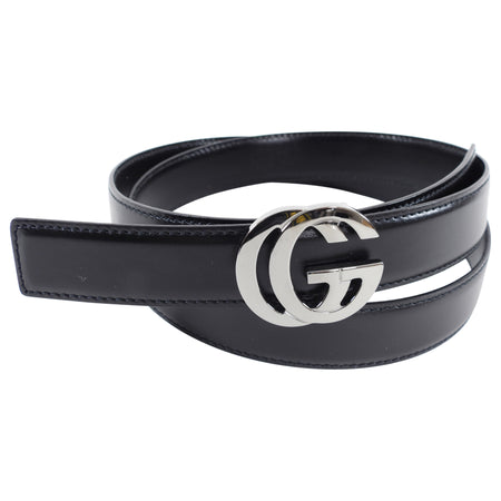 Gucci Thin Black Leather GG Buckle Belt - 32-34”