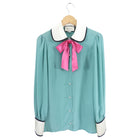 Gucci Aqua Silk Blouse with White Collar / Cuffs and Pink Bow - IT42 / 6