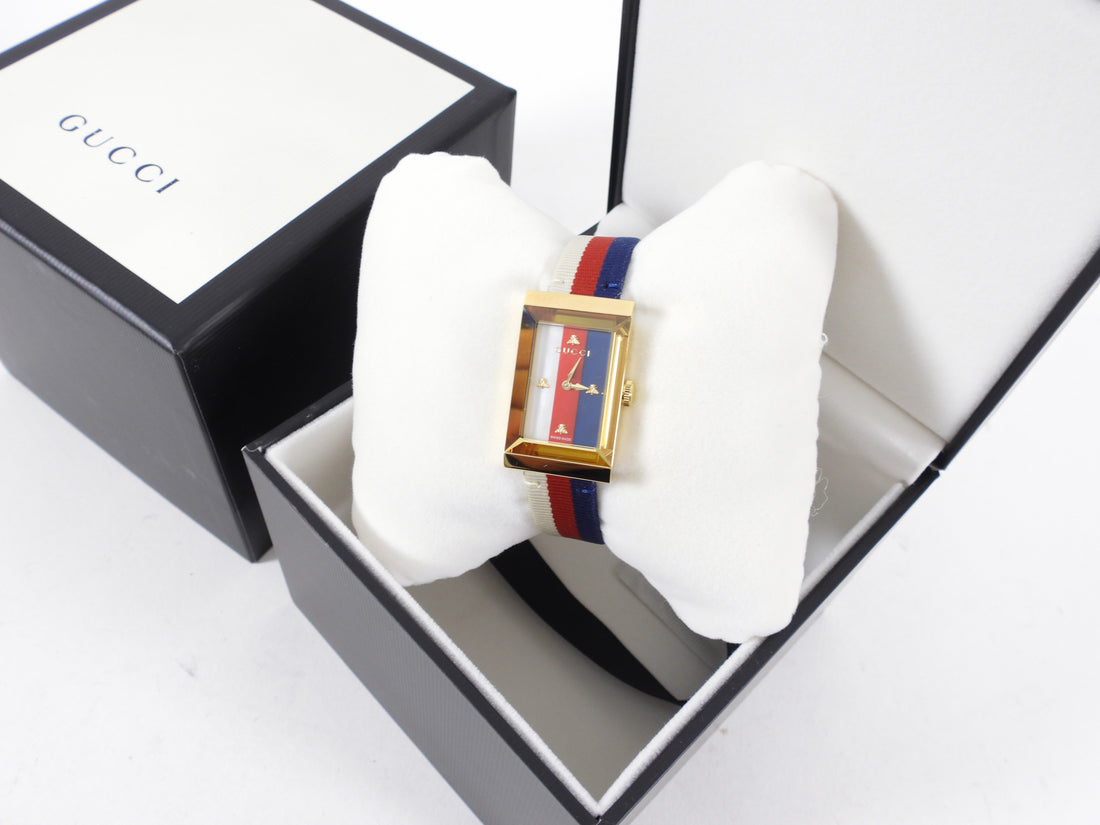 Gucci Blue and Red Mother of Pearl Stripe G Frame Ladies Watch