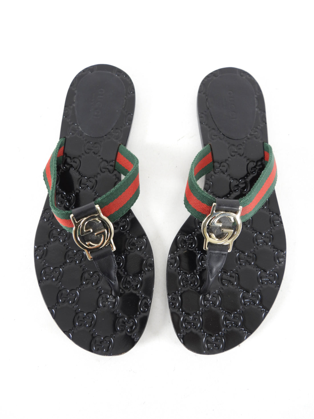 Gucci Black Imprint Leather GG Web Flat Sandal - 38.5 – I MISS YOU