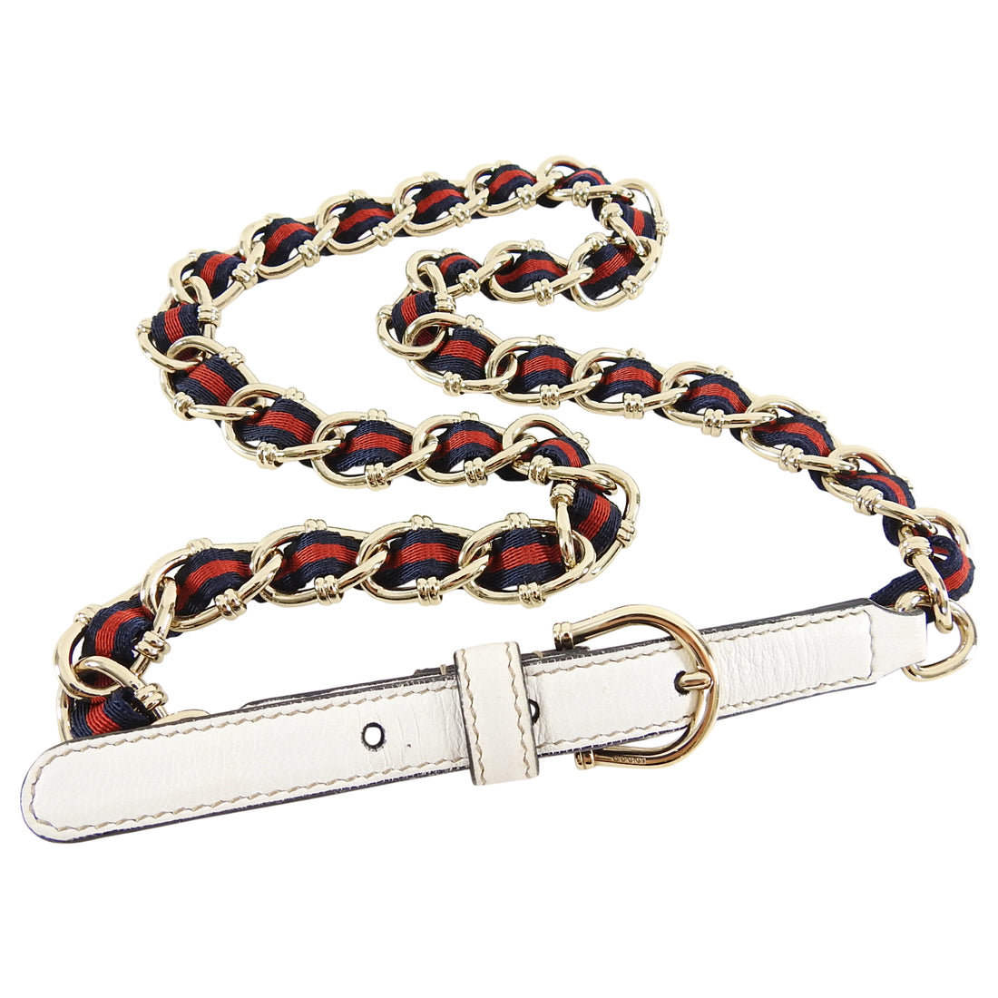 Gucci White Leather and Gold Metal Chain Web Belt - 80 / 32