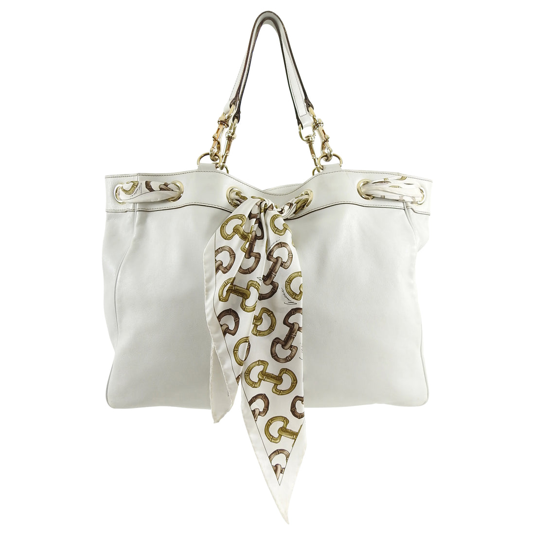 Gucci White Positano Large Leather Tote Bag with Silk Scarf