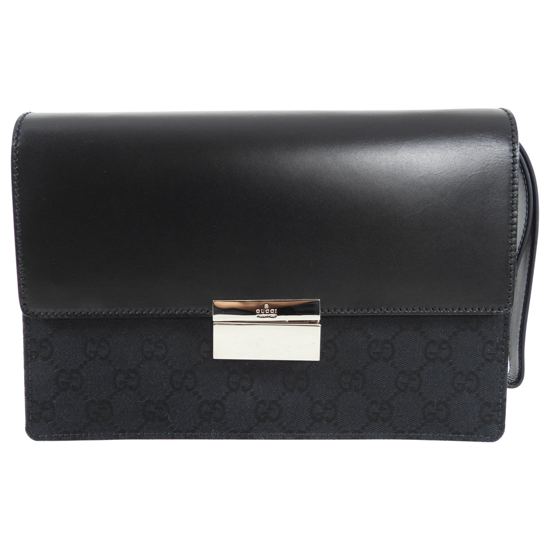 Gucci Monogram Canvas Black Leather Wristlet Clutch Bag