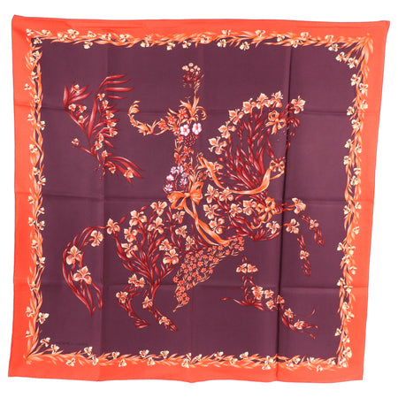 Hermes Red Floral Horse Cheval Fleuri Silk 90cm Scarf