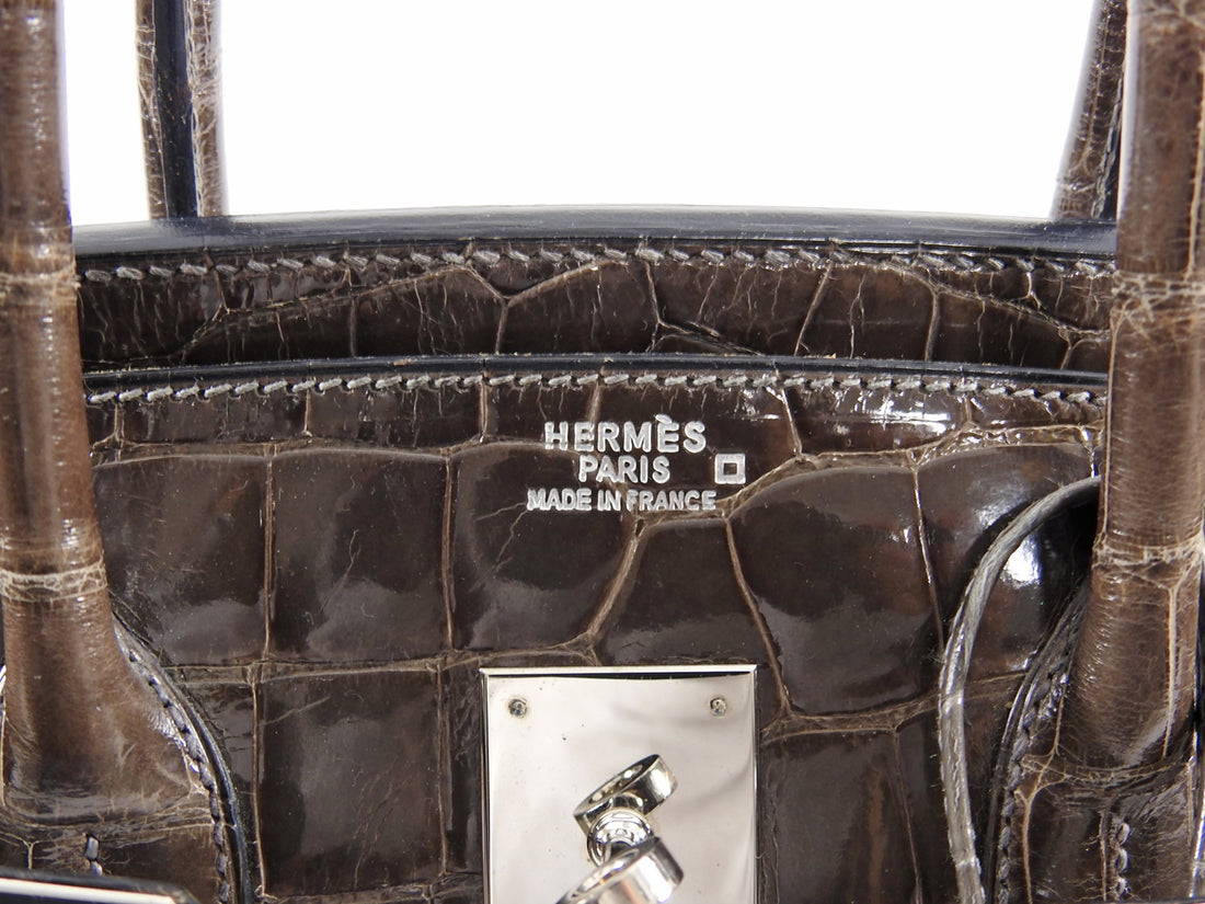 Hermes Birkin 35 Shiny Glazed Gris Elephant Alligator PHW