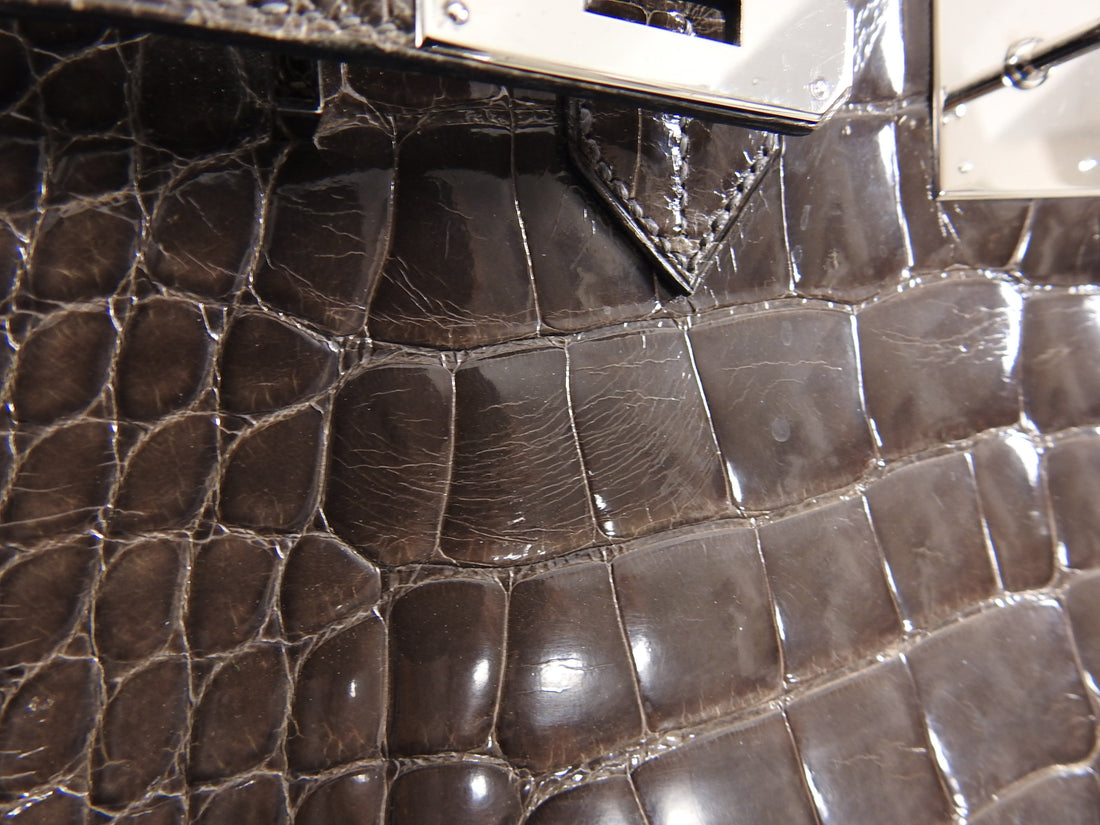 Hermes Shiny Porosus Crocodile Skin Birkin 35 W Palladium HW in Graphite