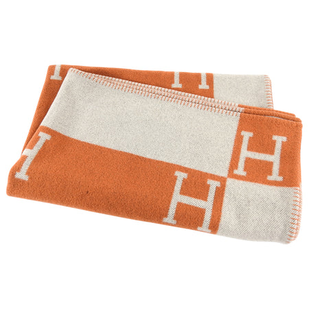 Hermes Orange Avalon H Cashmere Wool Throw Blanket