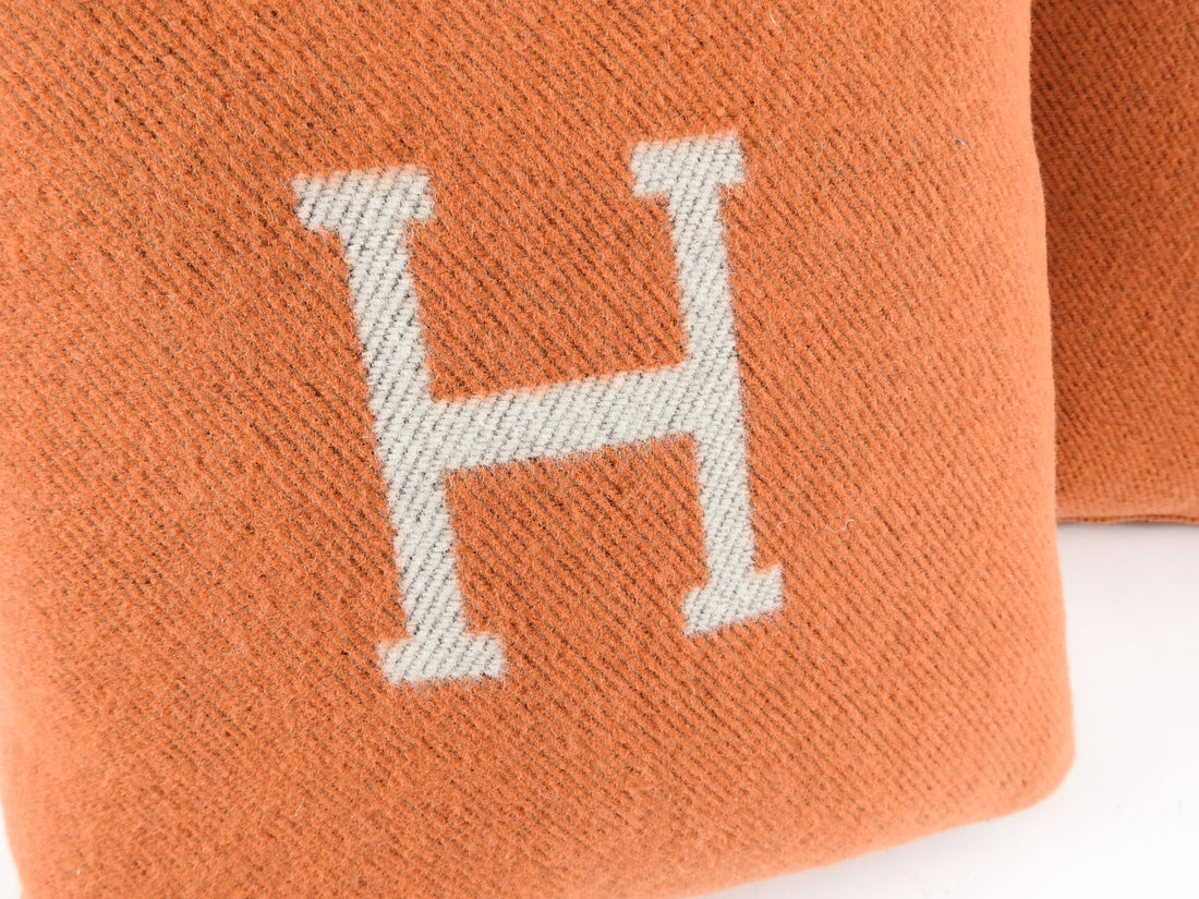 Hermes Orange Avalon H Cashmere Wool Pillow x 2 Set