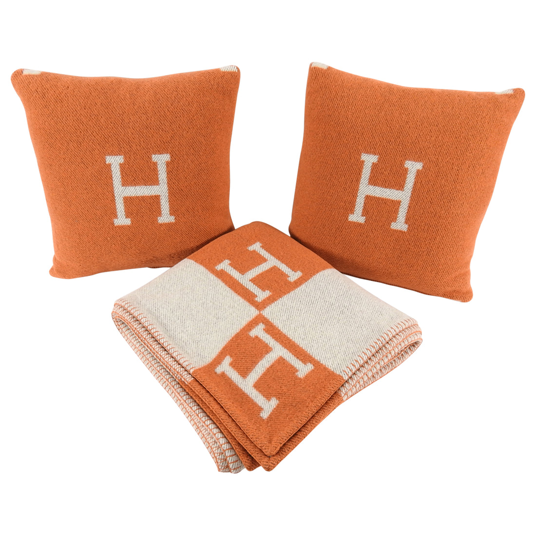 Hermes Orange Avalon H Cashmere Wool Pillow x 2 Set