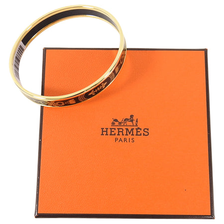 Hermes Printed Enamel Narrow Gold and Black Bangle Grand Apparat 2