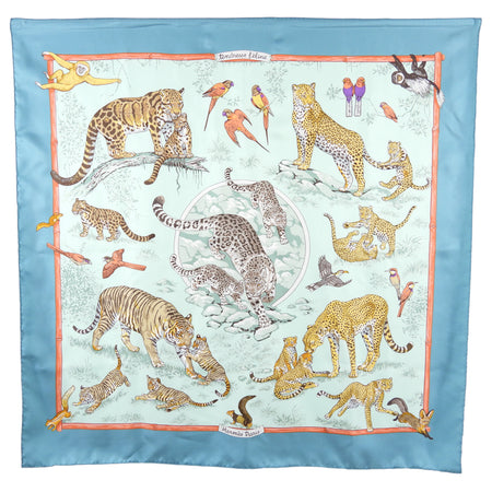 Hermes Tendresse Feline Blue Jungle Cat Silk Scarf 90cm