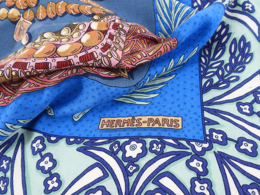 Hermes Blue and Pink Zenobie Reine de Palmyre Cashmere 140cm Shawl