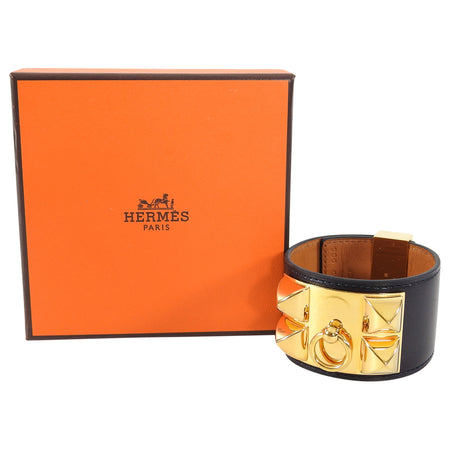 Hermes Collier De Chien Black and Gold Cuff Bracelet 