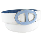 Hermes Chaine d’Ancre White Blue Enamel Belt Kit.  Light blue enamel and silvertone chaine d’ancre belt buckle.  32mm wide reversible belt in white epsom leather and blue de galice swift leather. Marked size 90cm / 36”.  Date code Q in square for production year 2013.  Excellent pre-owned condition.  As new with box.
