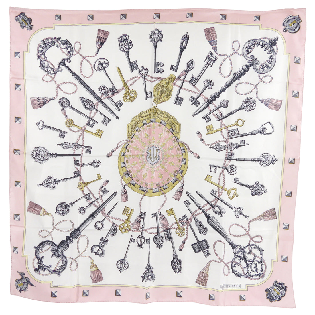 Hermes Shell Pink and White Les Cles Silk 90cm Scarf