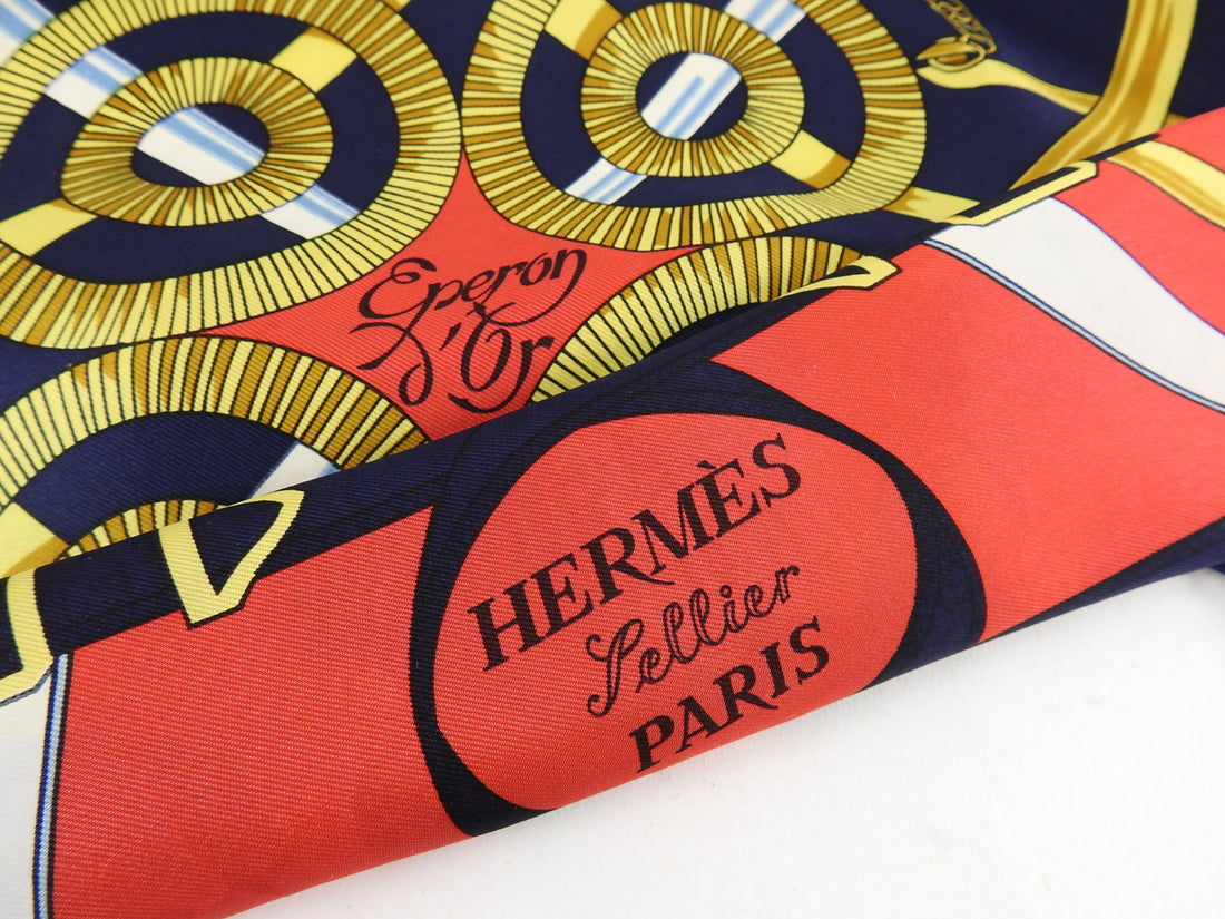 RDC13502 Authentic HERMES Navy & Red Eperon d'Or Silk Scarf 90