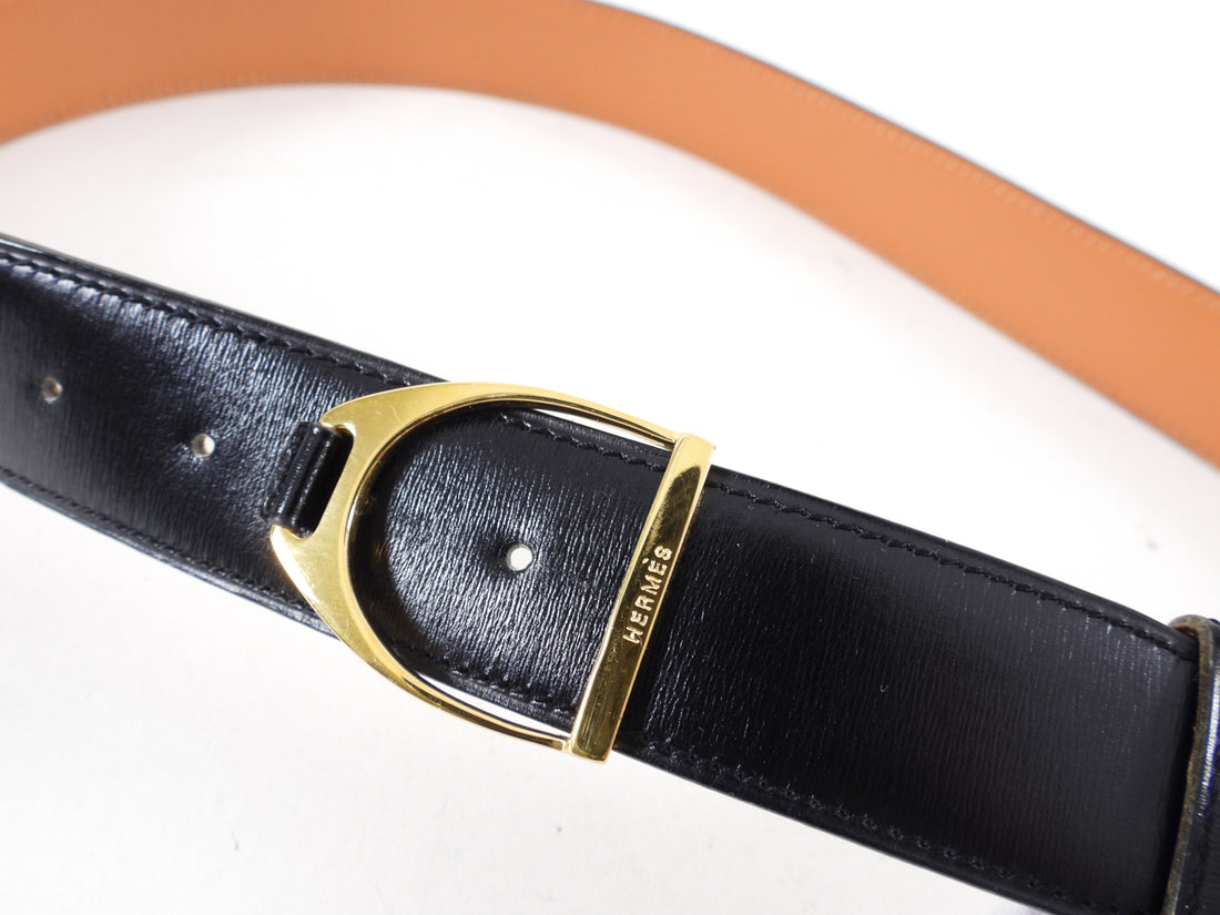 Hermes Vintage 1991 Etrier 30mm Black Leather Belt - 30-33"