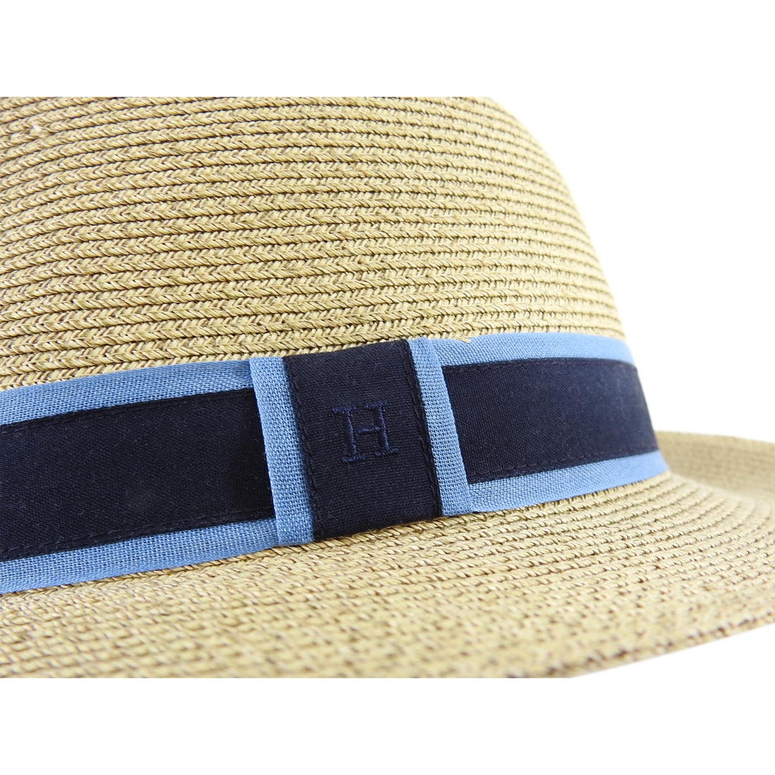 Hermes Straw Hat with Navy Blue H Ribbon Band