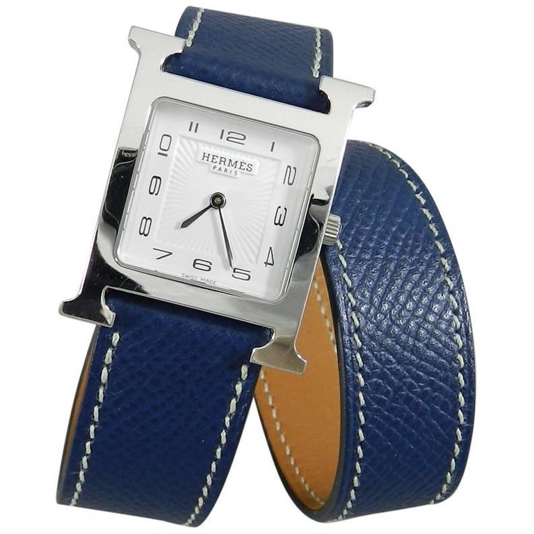 Hermes H Heure Double Tour HH1510 Medium Epsom Blue Watch