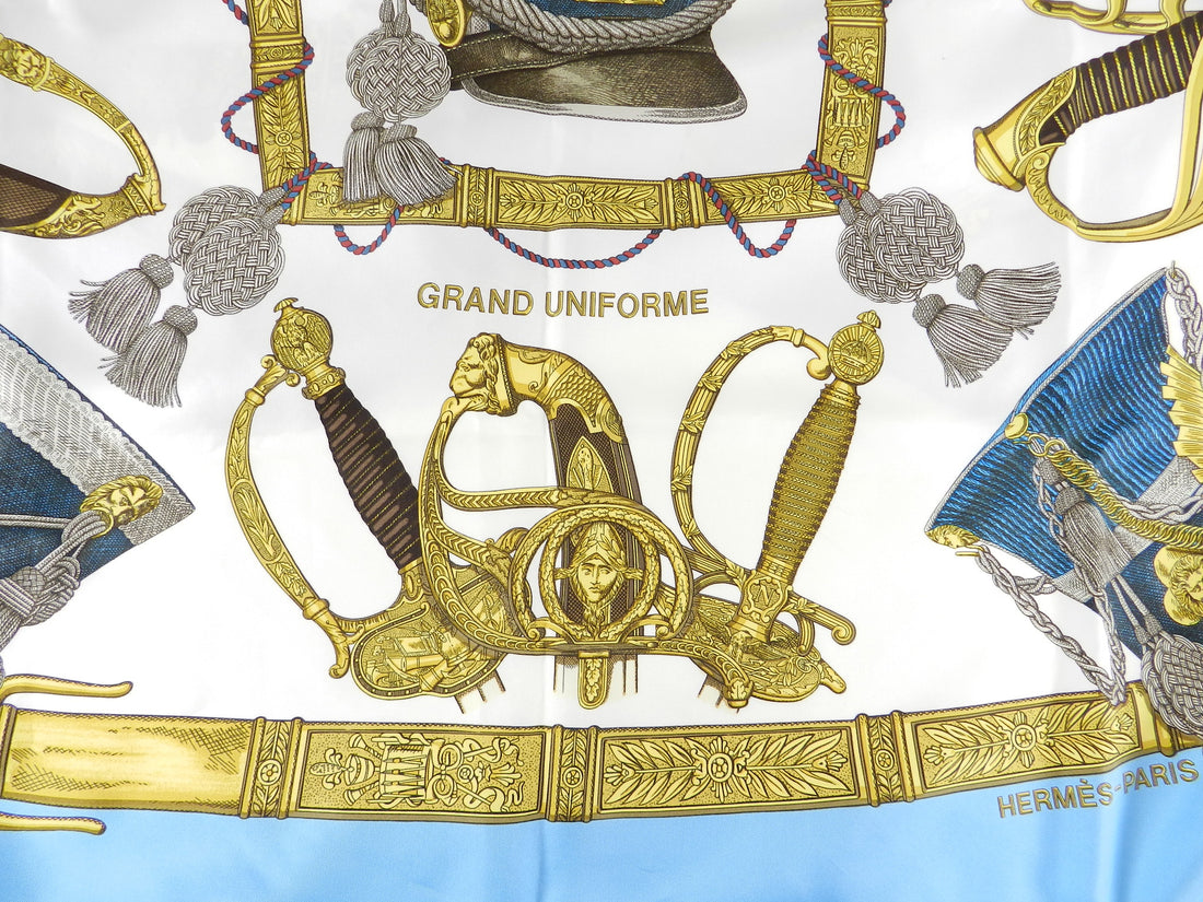 Hermes Grand Uniforme Light Baby Blue and White 90cm Scarf