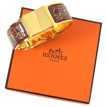 Hermes Vintage Red and Gold Printed Horse Hinge Loquet Bracelet