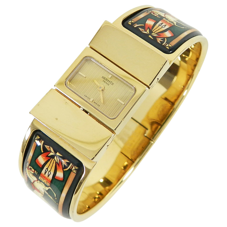 Hermes Vintage Green Enamel and 18k Gold Plated Loquet Watch