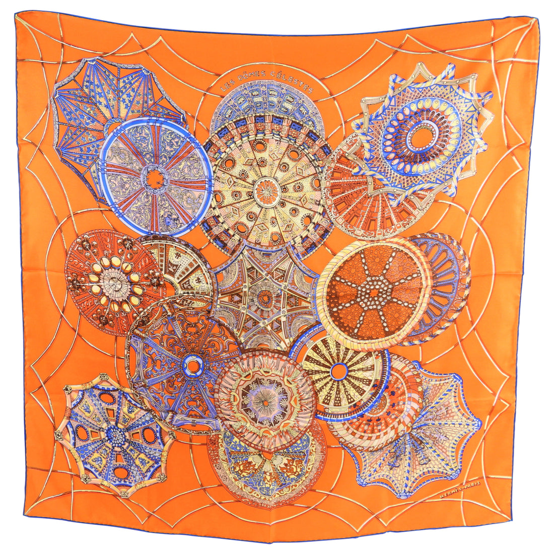 Hermes Orange and Blue Silk Les Domes Celestes 90cm Scarf – I MISS