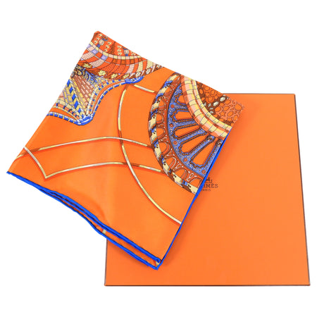 Hermes Orange and Blue Silk Les Domes Celestes 90cm Scarf
