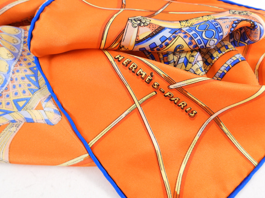 Hermes Orange and Blue Silk Les Domes Celestes 90cm Scarf