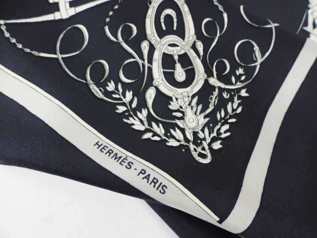 Hermes Vintage 1958 Black and White Phaeton Silk Scarf