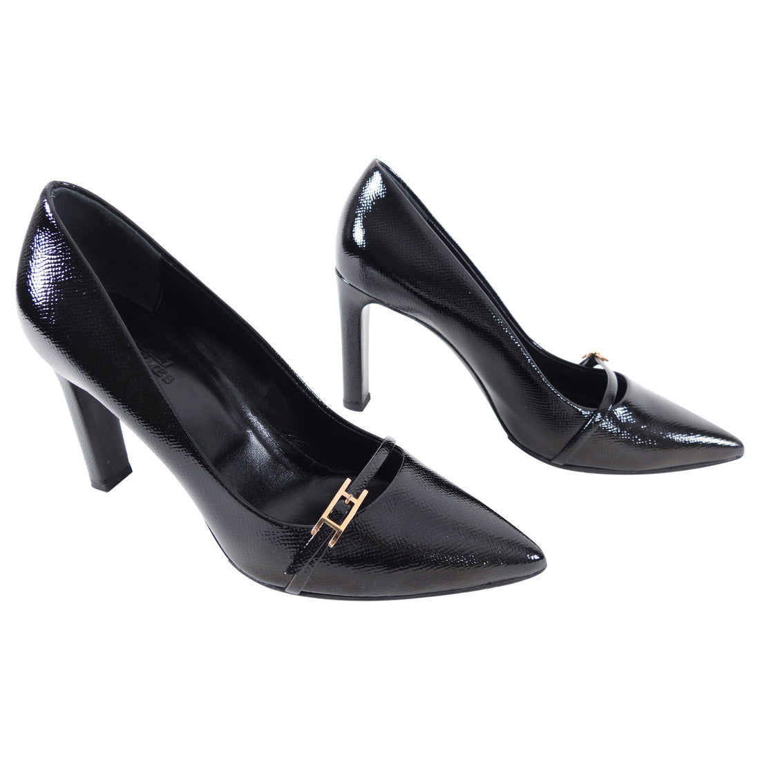 Hermes Black Patent Leather Pumps with Buckle Detail - 37