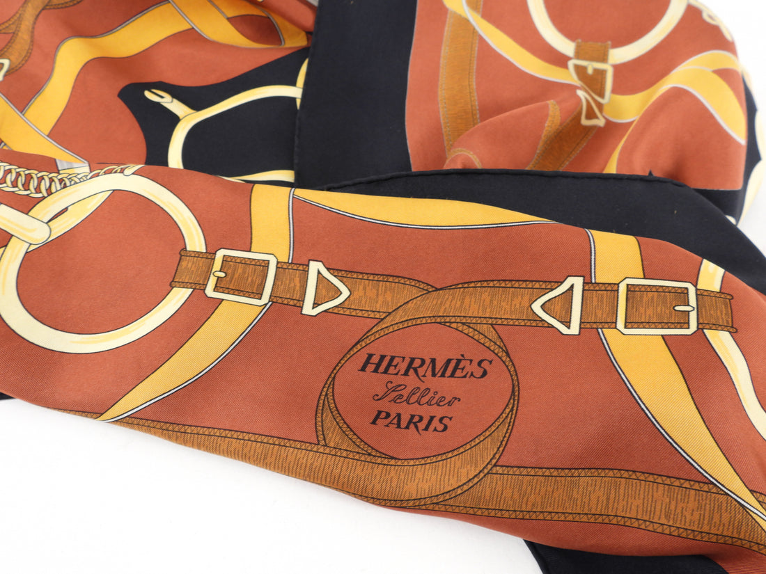 Hermes Eperon D'or Vintage 1990's Brown Black Silk Scarf