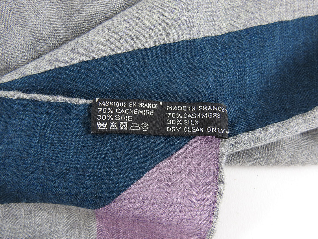 Hermes Cashmere Silk 140cm Shawl Wrap Grey with Purple Teal Border