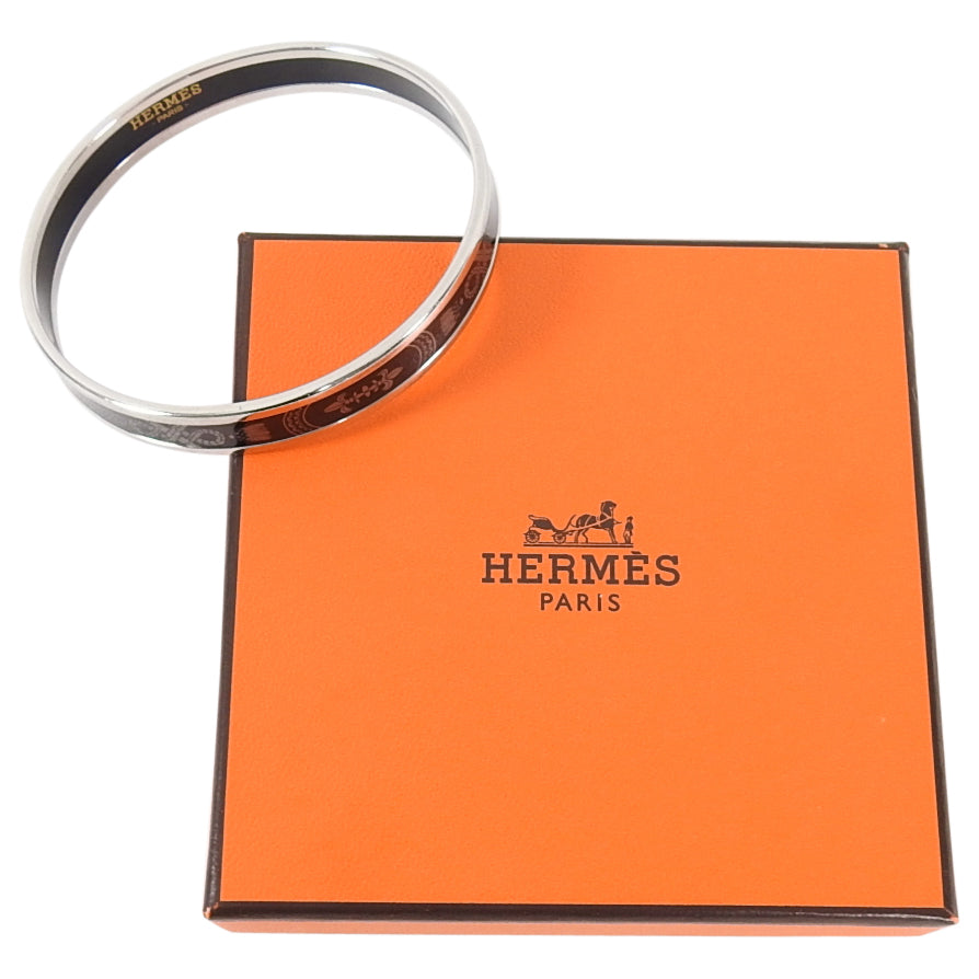 Hermes Printed Enamel Narrow Silver and White Bangle Grand Apparat 2 
