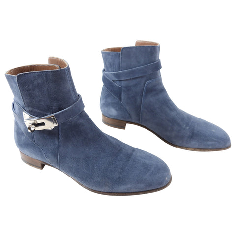 HERMES Saint Germain Suede leather Kelly Buckle Ankle Short Heel boots Booties blue 37